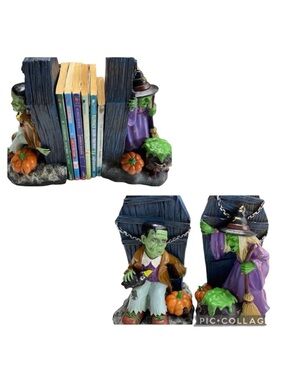 Vintage Spooky Graveyard Headstone Frankenstein & Witch Resin Halloween Bookends